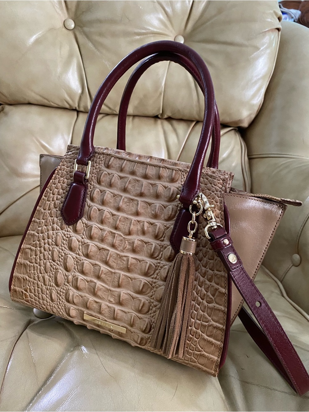 LKNW Brahmin Mini Priscilla Satchel Crossbody Tassel Charm Melbourne Wine/Beige - Picture 2 of 16